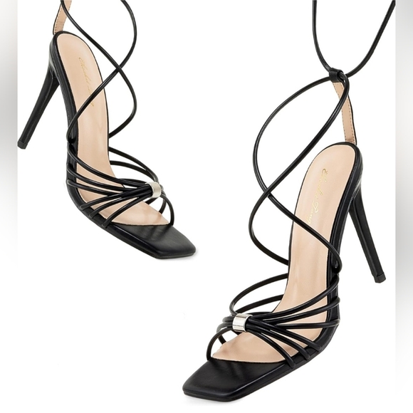 Women Strappy Heeled Sandals Lace Up 4 Inch Stilettos Square Open Toe High Heels - Picture 2 of 4